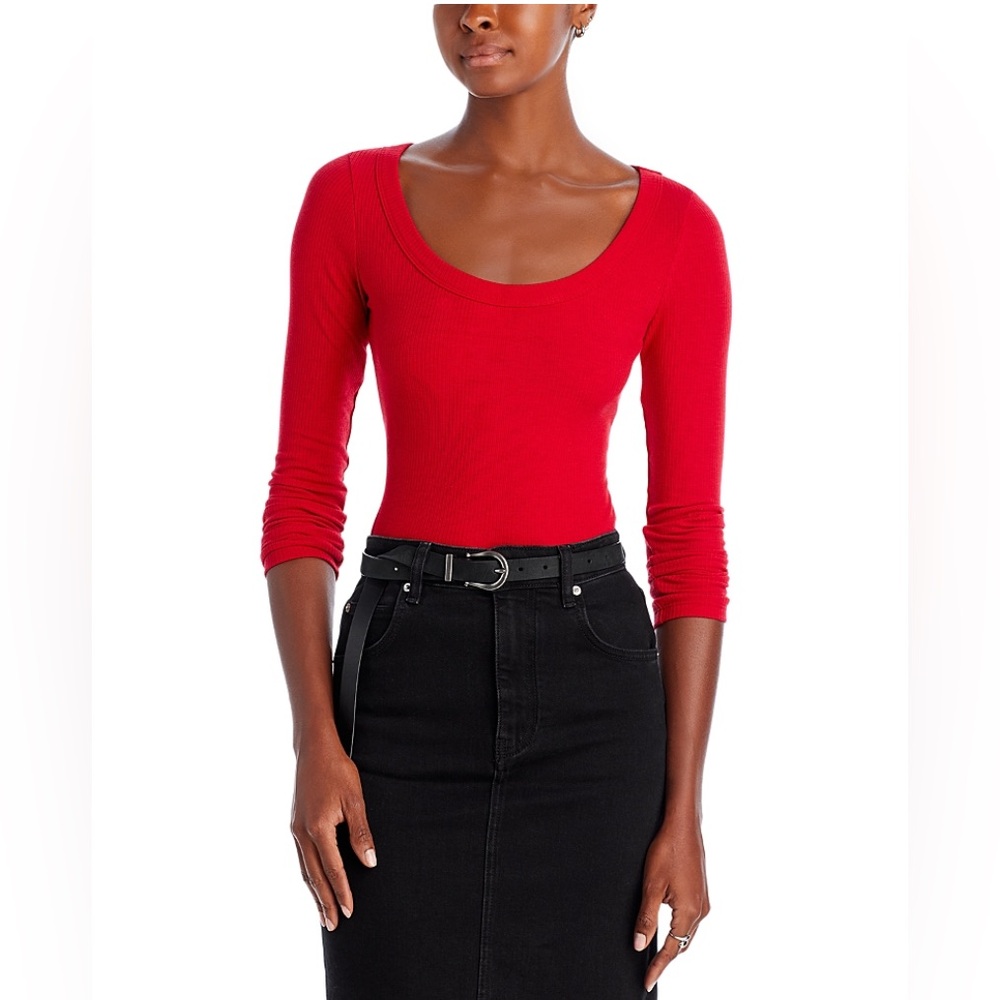 Aqua Red Long Sleeve Scoop Neck Ribbed Top
